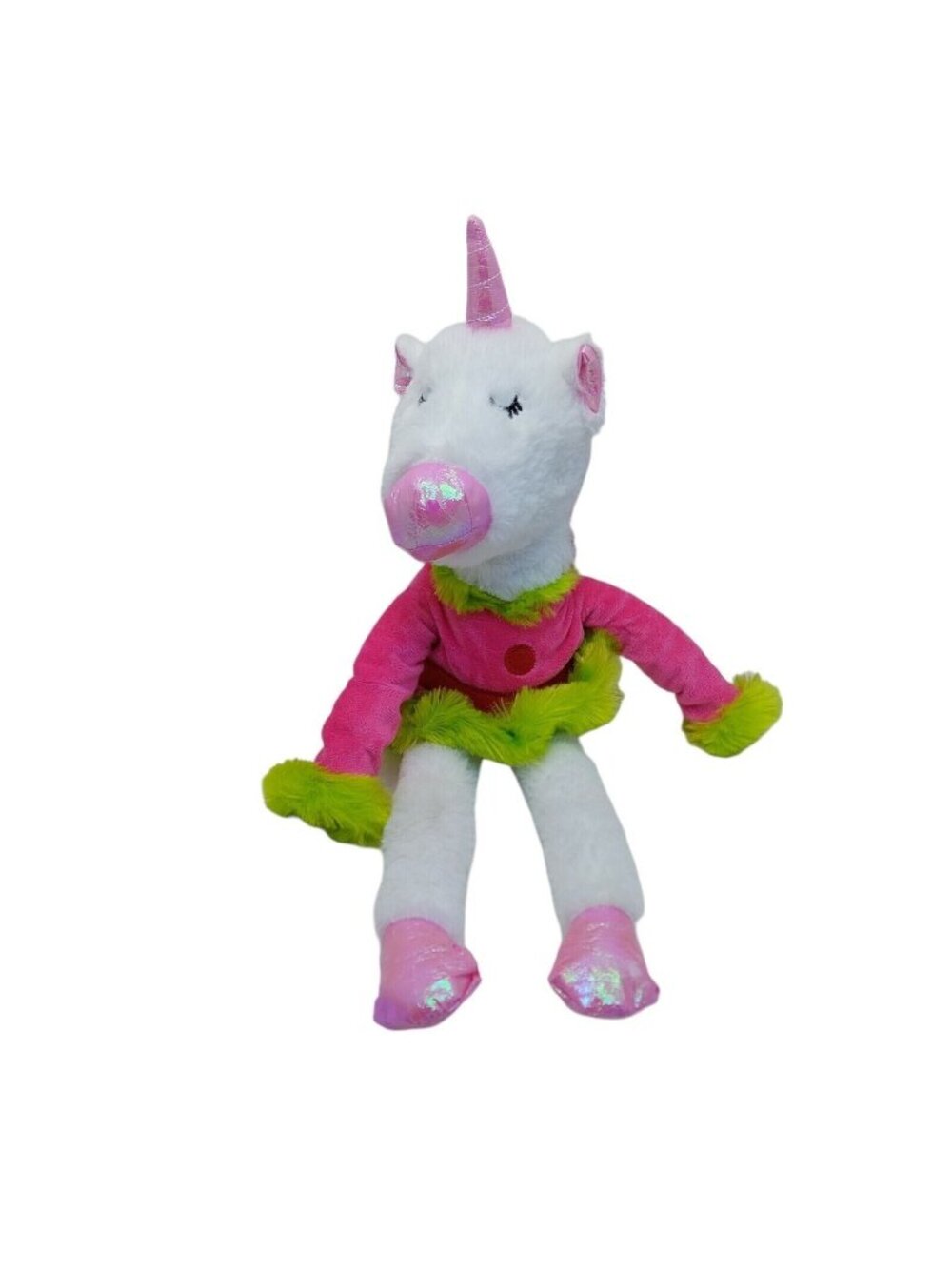 Inter American Stuffed Animal Plush White Unicorn Pink & Green Dress 16"